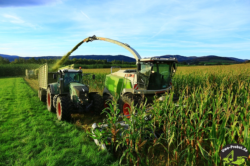 Mähdrescher und Traktor bei der Ernte
